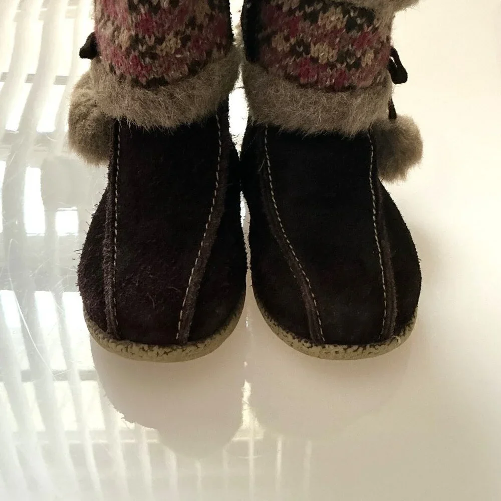 Cherokee Toddler Girls Winter Boots Size 6 Brown Suede Fair Isle Pom -Pom